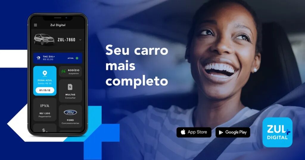 Mulher sorri ao lado de tela de telefone celular mostrando o aplicativo Zul+, acompanhada do texto "Seu carro mais completo". 